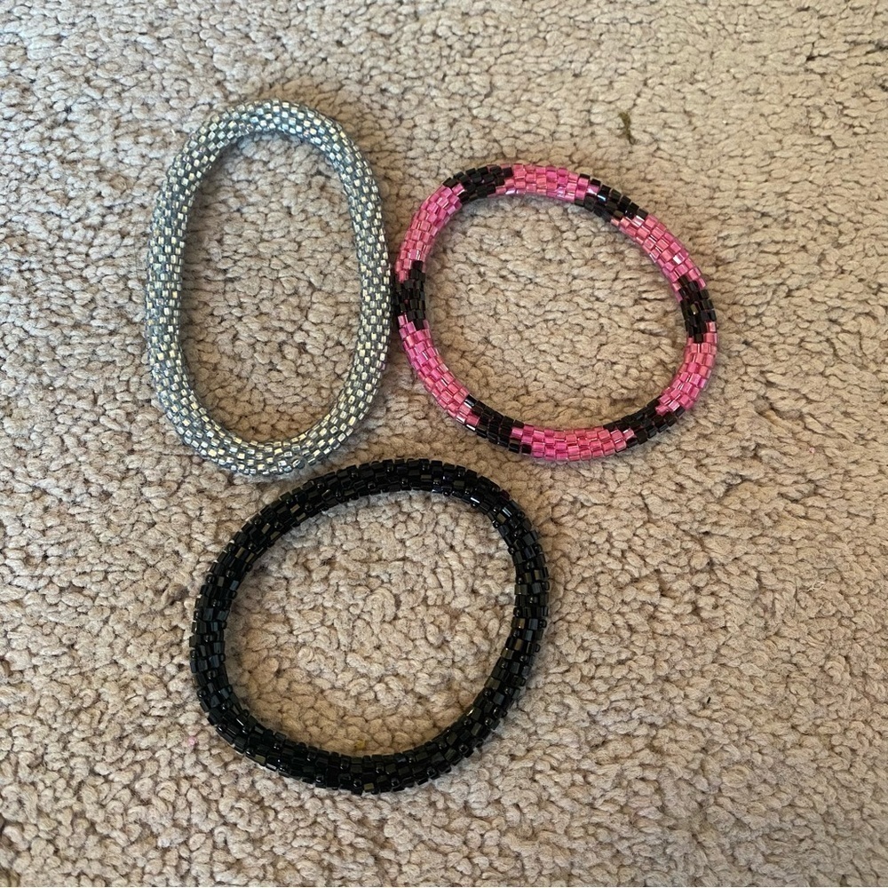 Beaded Bracelet Stack Pink Black Silver